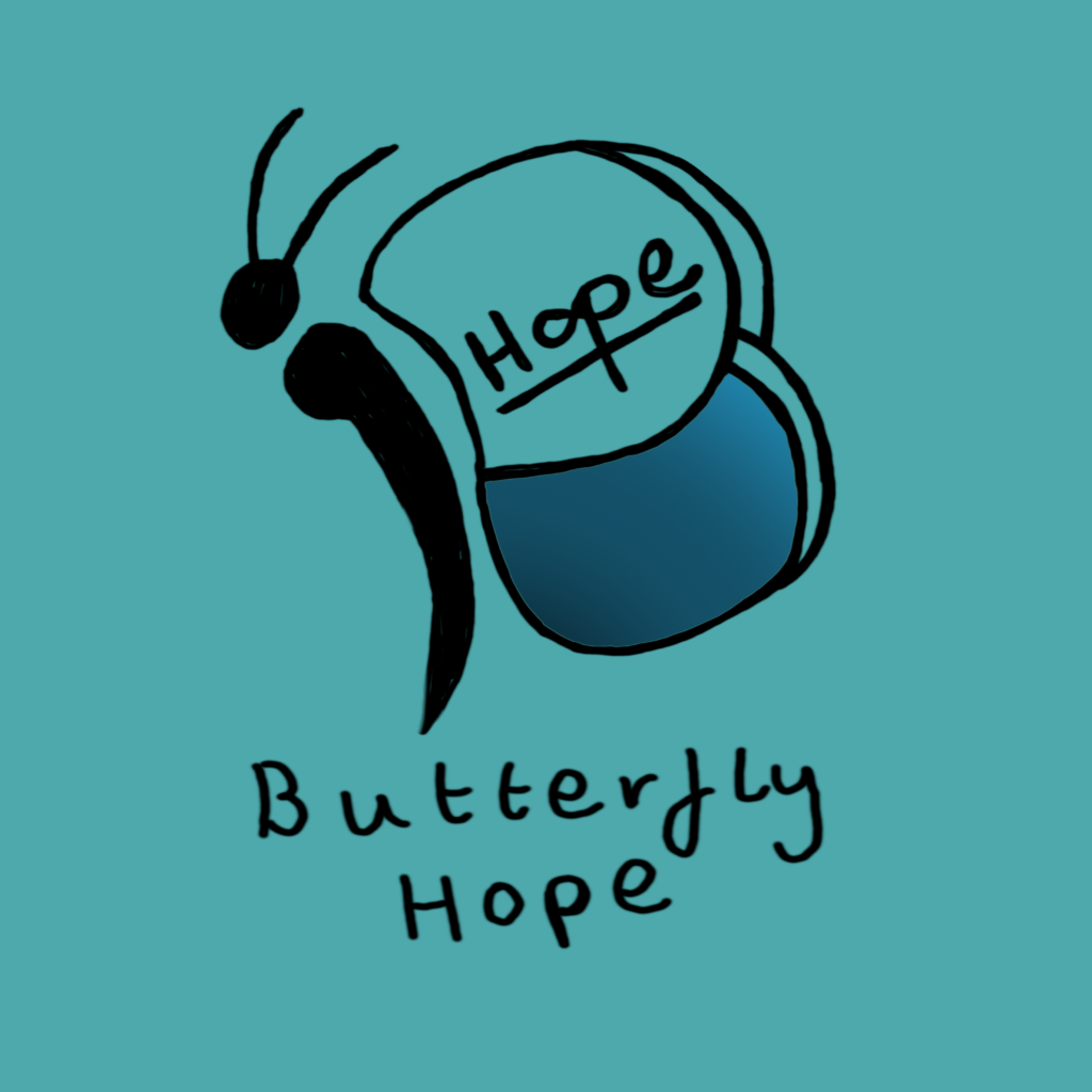Butterfly hope logo: The profile of a butterfly, with hope written in the top of the wing, the "o" and "p" together forming an infinity symbol. The body of the butterfly forms a semicolon. Below the butterfly is the text "Butterfly Hope".